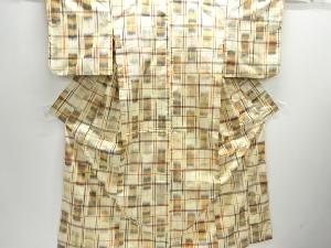 格子に絣柄織り出し手織り紬着物